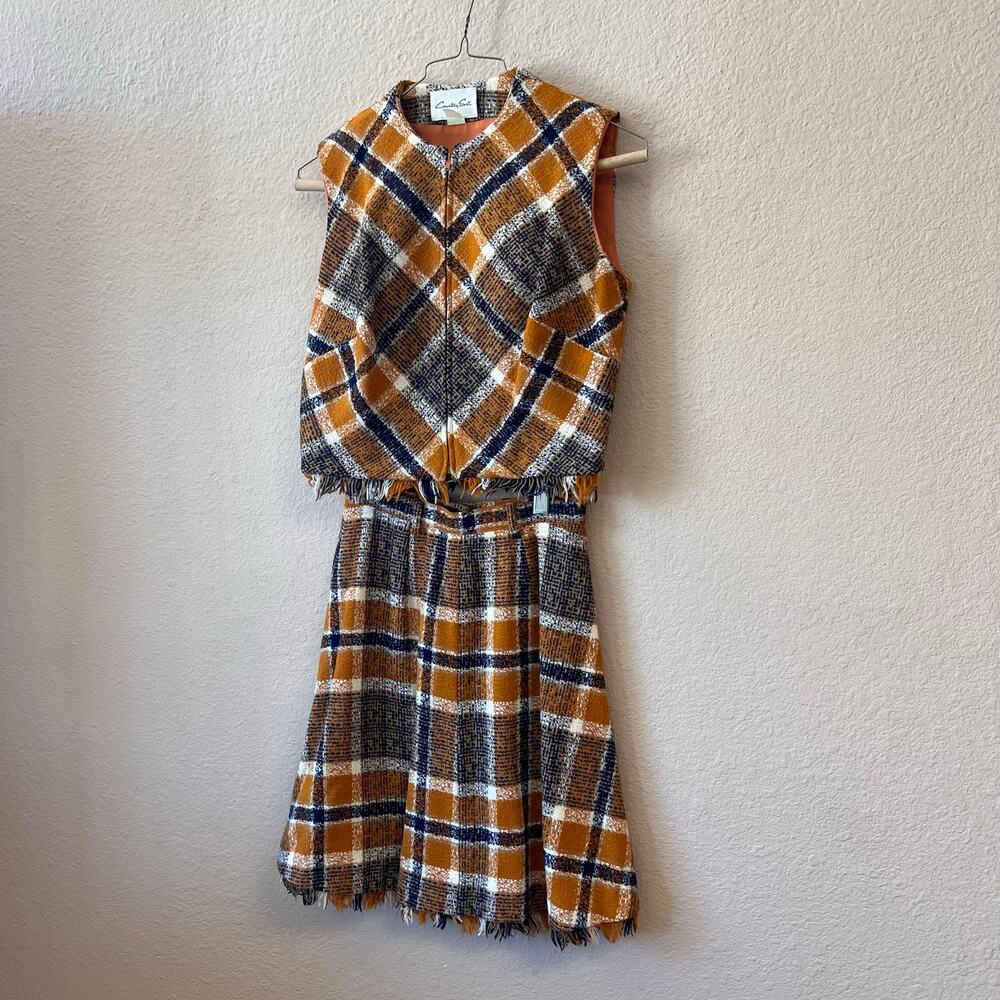 Vintage 70s Country Set plaid girls top and skirt wool set size M
